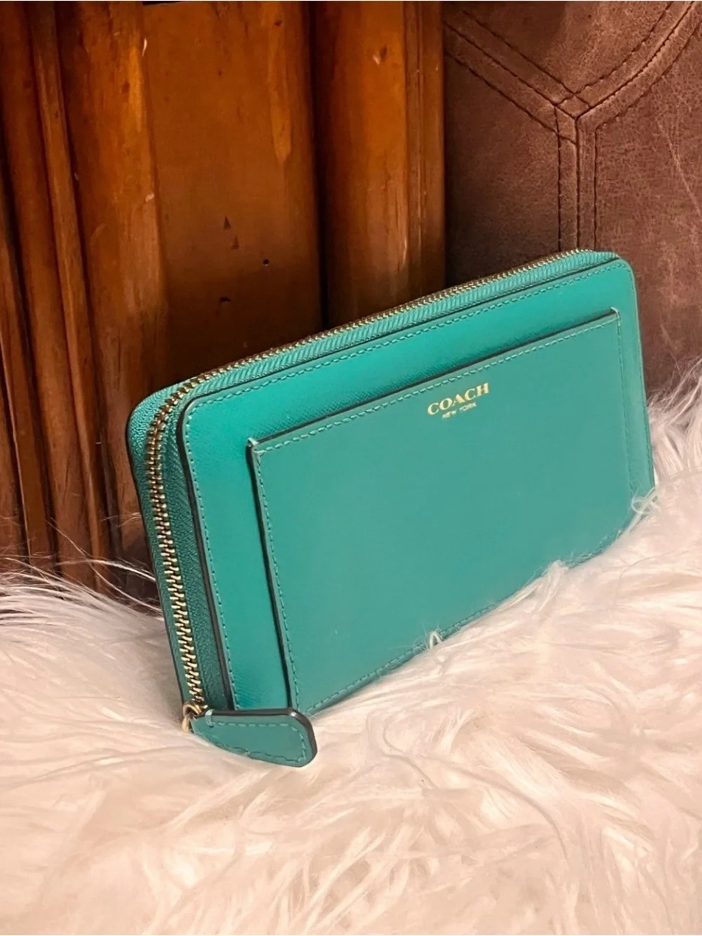 COACH Teal Zip-Around Leather Wallet with Gold Logo
